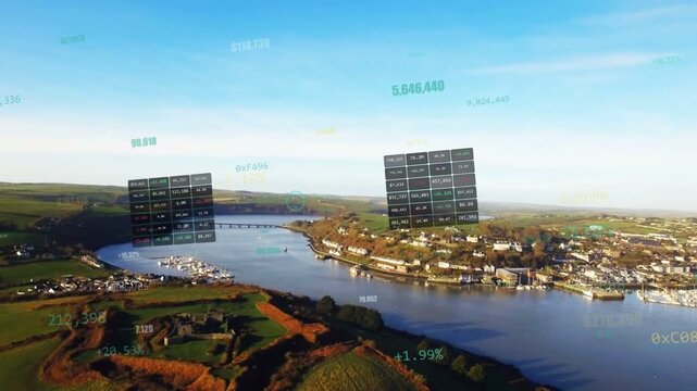 Drone starting glide over river estuary, HUD grids appearing and anchoring above town, showing data