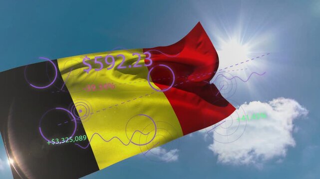 Vertical black-yellow-red flag rippling from gust of wind, HUD overlaying $592