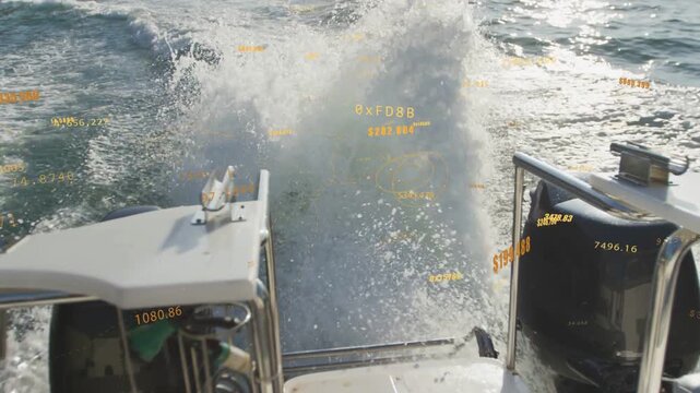 Boat moving forward, stern wake rising into plume while orange HUD numbers floating, showing data