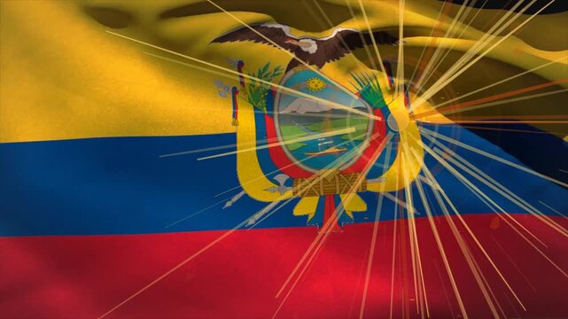 Ecuador flag waving, bright light appearing near emblem, emitting pulsing rays highlighting emblem