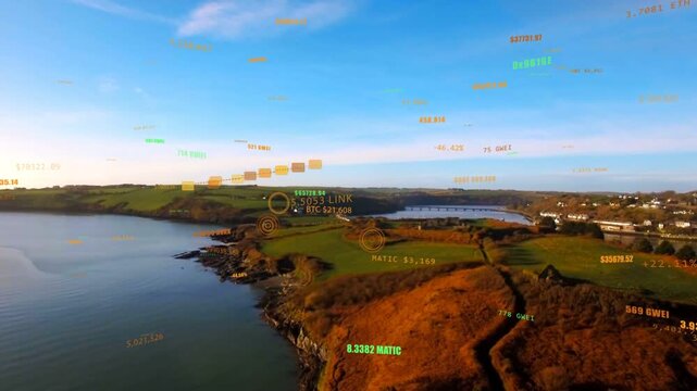 Drone approaching headland, AR graphics appearing and aligning with greens to display token prices
