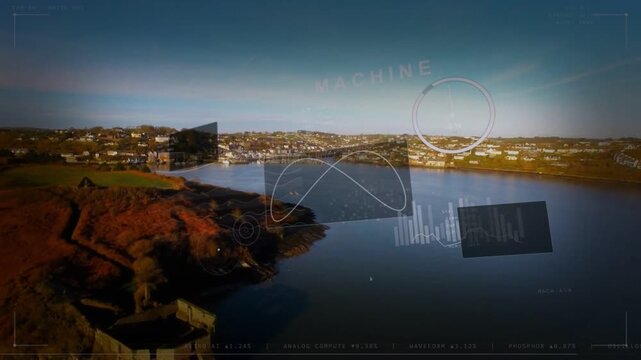 Coastal bay filling view, camera drifting forward and HUD graphics appearing for mapping data