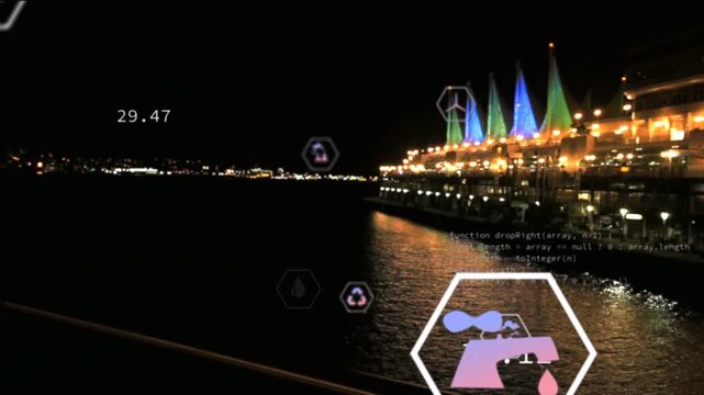 Camera panning right, hex icons drifting to pier, figures changing and showing water quality levels