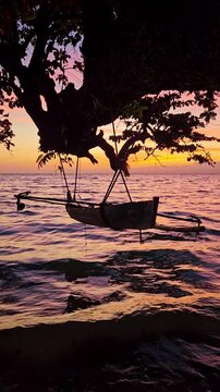 Sunset or sunrise with tree and boat and sea, vertical shot. Walking on beach