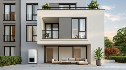 Fototapeta premium Modern residential building exterior featuring a balcony, large windows, and a patio area with outdoor furniture and greenery in a contemporary urban setting