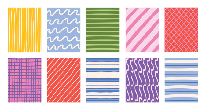Hand drawn colorful abstract geometric patterns and wavy background textures bundle