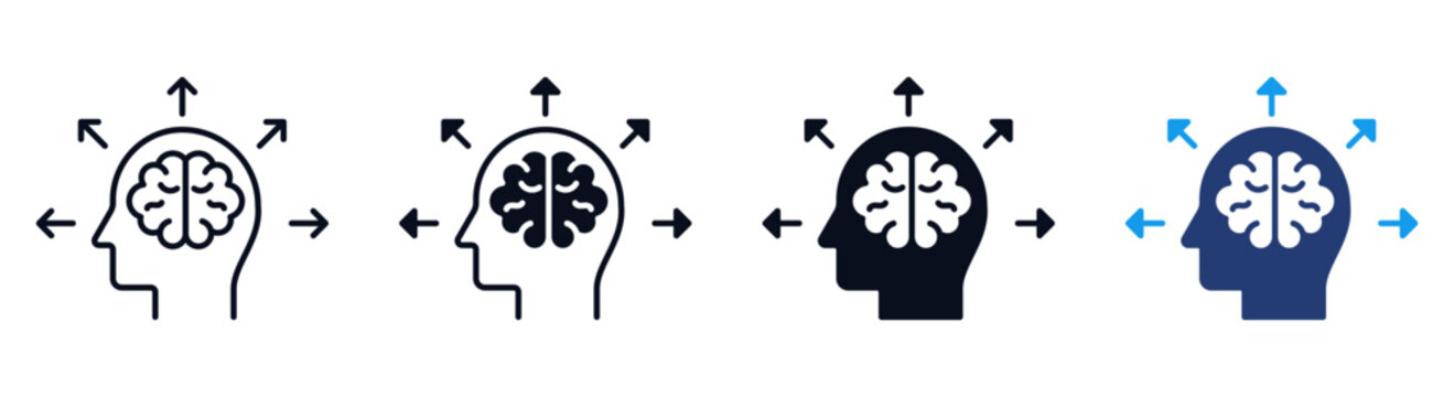 Human Brain Thinking and Mind Potential Icons : a human head with a brain and expanding arrows, representing decision making, creative thinking and mental growth, line icon