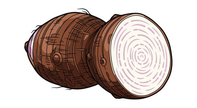 A rustic illustration of a whole taro root alongside a cross-section, revealing its textured brown skin and the pale, starchy interior with subtle purple rings, ready for cooking.