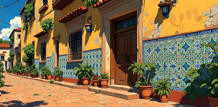 Charming cobblestone street lined with potted plants in front of a vibrant yellow building with traditional blue tilework and a wooden door.