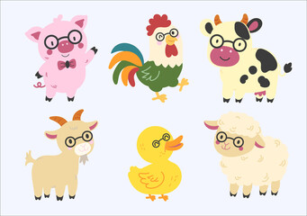 Naklejka premium Cute cartoon farm animals characters wearing glasses set