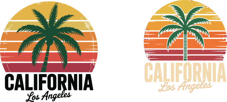 California los angeles vector illustration with palm tree and colorful sunset.