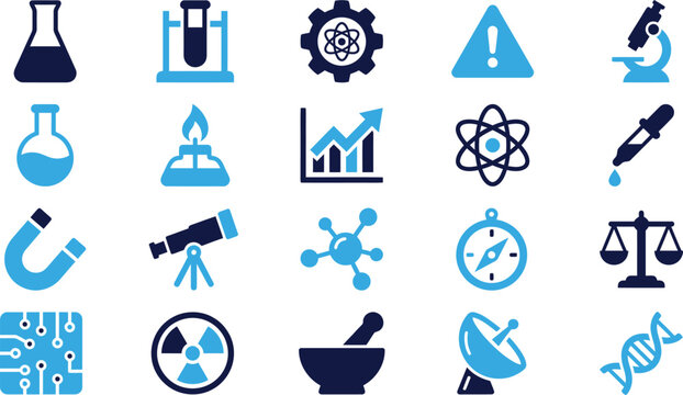 Set of science and research icons including laboratory equipment, formulas and measurements.