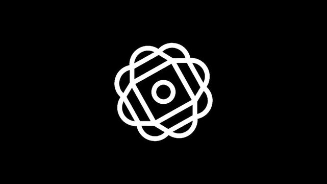 Abstract white geometric atom symbol on a black background, representing science and technology