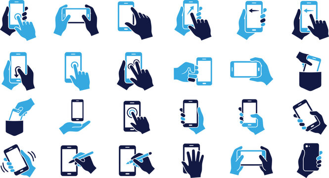 Collection of icons showing hands interacting with smartphones, touch gestures, and mobile phone usage.
