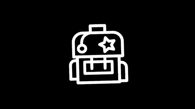 Simple white line drawing of a backpack with a star and circle emblem on a black background