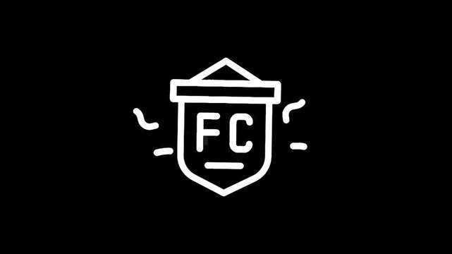 Simple line art icon of a football club banner with FC initials on a black background