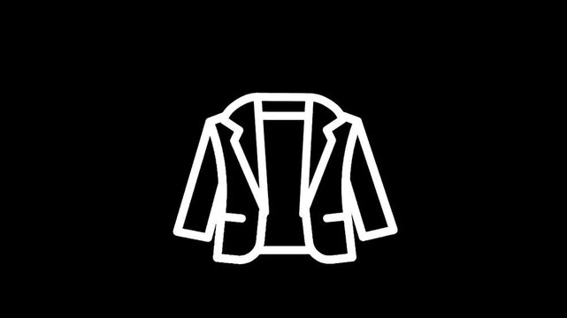 Simple white outline icon of a classic blazer jacket on a black background