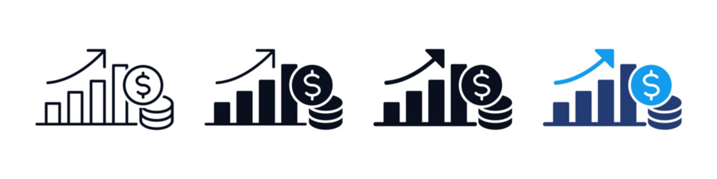 Business Growth Chart and Financial Profit Icons : bar chart with rising arrow and dollar coin, representing financial success, business growth, finance, analytics, and profit analysis