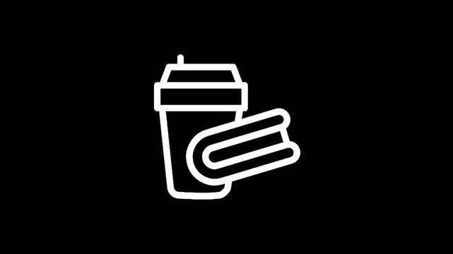 Simple line art icon of a coffee cup next to a folded napkin on a black background