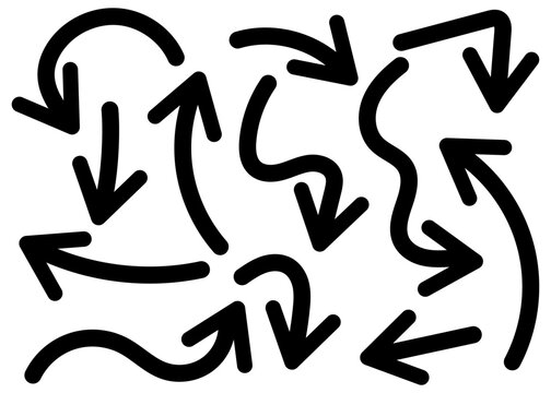 Hand Drawn Curved Arrows and Scribble Pointer Set, Direction Flow Icon Pack : hand-drawn curved arrows and wavy pointers. Versatile vector elements for Navigation and movement