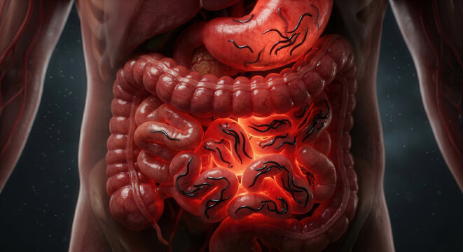3D illustration of human intestines infected with parasitic worms. The image shows dark, worm-like structures inside a glowing digestive system, symbolizing infection and medical conditions.