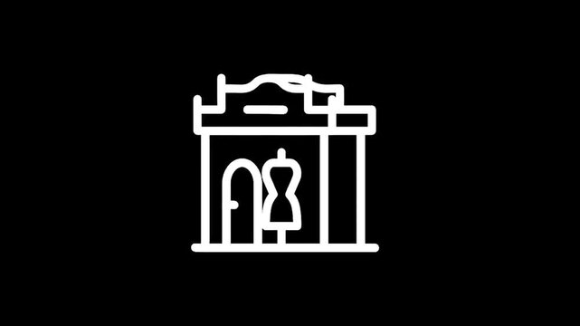 Fashion boutique storefront icon with mannequin and arched doorway on black background