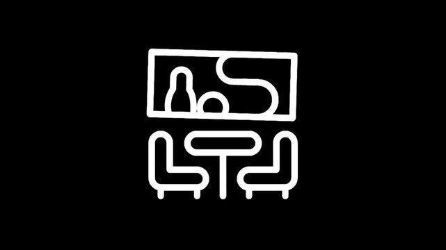 Minimalist line art icon of a table with two chairs and a framed picture above