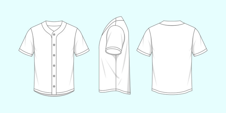 Blank white baseball jersey vector illustration showcasing front, side, and back views for apparel design mockups and customization projects.