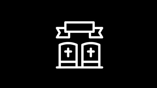 Simple line art icon of two gravestones with crosses and a banner above them