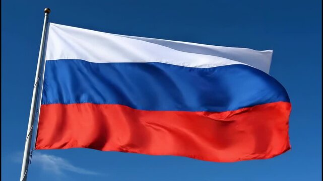Russian flag waving on a flagpole against a clear blue sky background