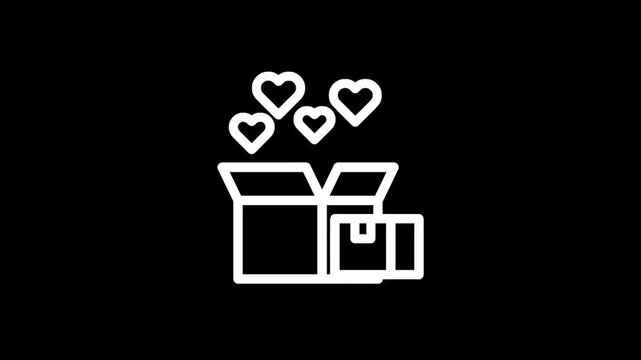 Open cardboard box with hearts flying out, symbolizing love and gifts
