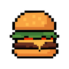 Plakat fast food icon featuring a hamburger in a retro 8-bit video game vector graphic design