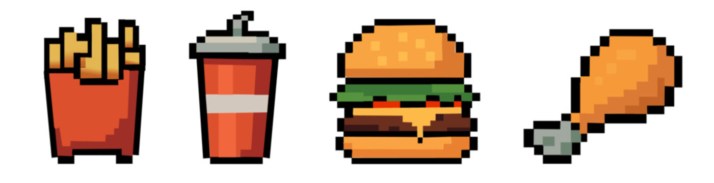 Banner Set of A collection of pixel art fast food icons featuring a hamburger, french fries, soda, chicken in a retro 8-bit video game vector graphic design