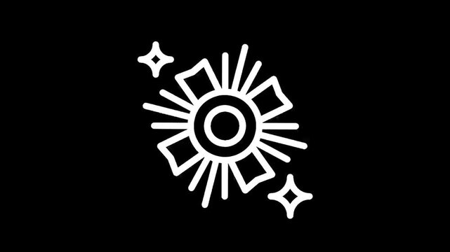 Abstract white sunburst with sparkling stars on a black background, minimalist icon