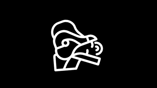 Stylized white outline of a traditional Japanese Noh mask on a black background
