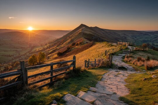 Mountaintop path at sunrise, dramatic colors