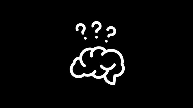 White outline of a brain with question marks above it on a black background