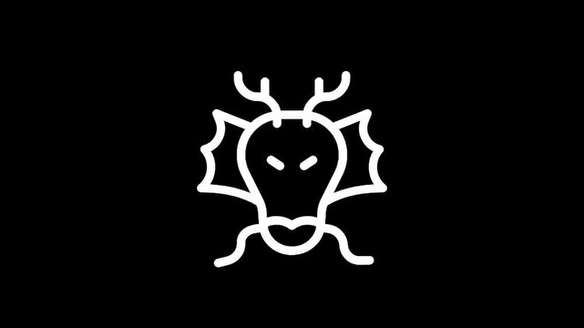 Stylized white dragon head icon on a black background, minimalist design