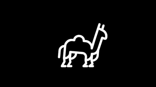 Simple white line art icon of a camel on a black background