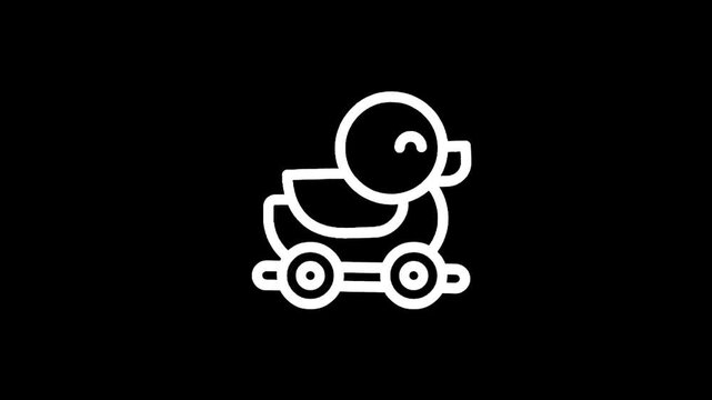 Simple white line art icon of a rubber duck on wheels against a black background
