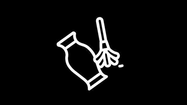 Simple white line art icon of a vase being dusted on a black background
