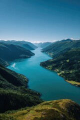 Obraz premium High-angle view of a fjord winding through lush mountains