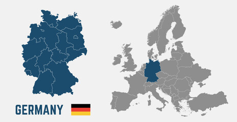Obraz premium Germany map. Germany flag. Europe and Germany maps with regions. Europe map isolated on white background. High detailed. Vector illustration 