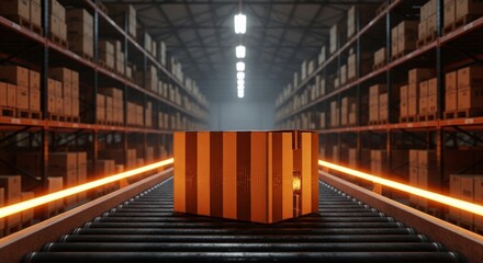 Fototapeta premium Cardboard box moving on a conveyor belt in a brightly lit warehouse with high shelves stacked