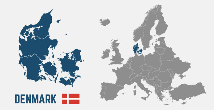 Denmark map. Denmark flag. Europe and Denmark maps with regions. Europe map isolated on white background. High detailed. Vector illustration	