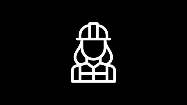 Simple line art icon of a female construction worker wearing a hard hat and safety vest