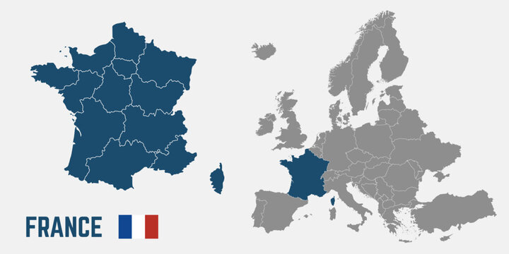 France map. France flag. Europe and France maps with regions. Europe map isolated on white background. High detailed. Vector illustration	
