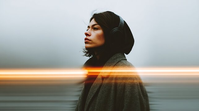 Young woman with headphones on, looking thoughtfully into the distance with motion blur