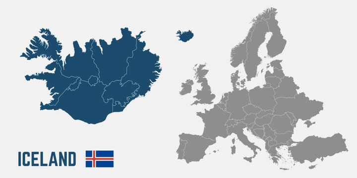 Iceland map. Iceland flag. Europe and Iceland maps with regions. Europe map isolated on white background. High detailed. Vector illustration	