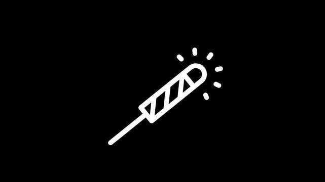 Simple white line art icon of a sparkler on a black background